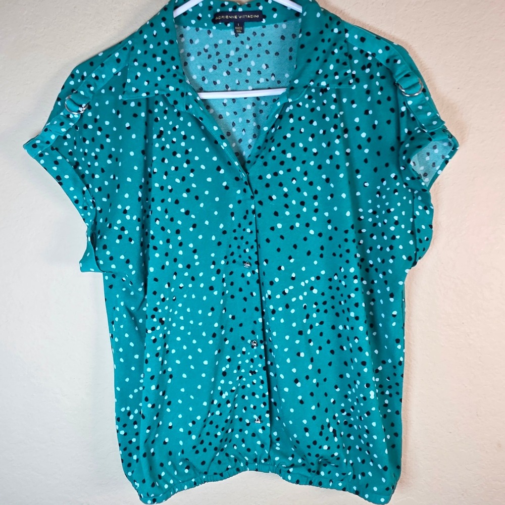 Adrienne Vittadini green Polka Dot Button Front Blouse Shoulder D-Ring Large